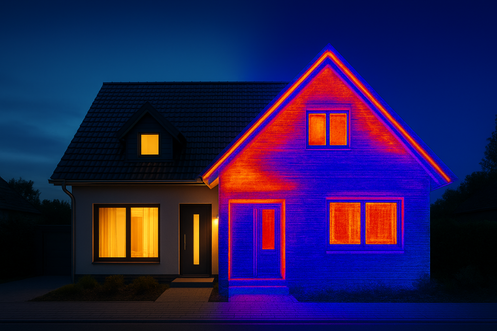 een vrijstaande woning waarvan de helft van de woning te zien is door een warmtebeeldcamera, zogenaamd een warmtescan