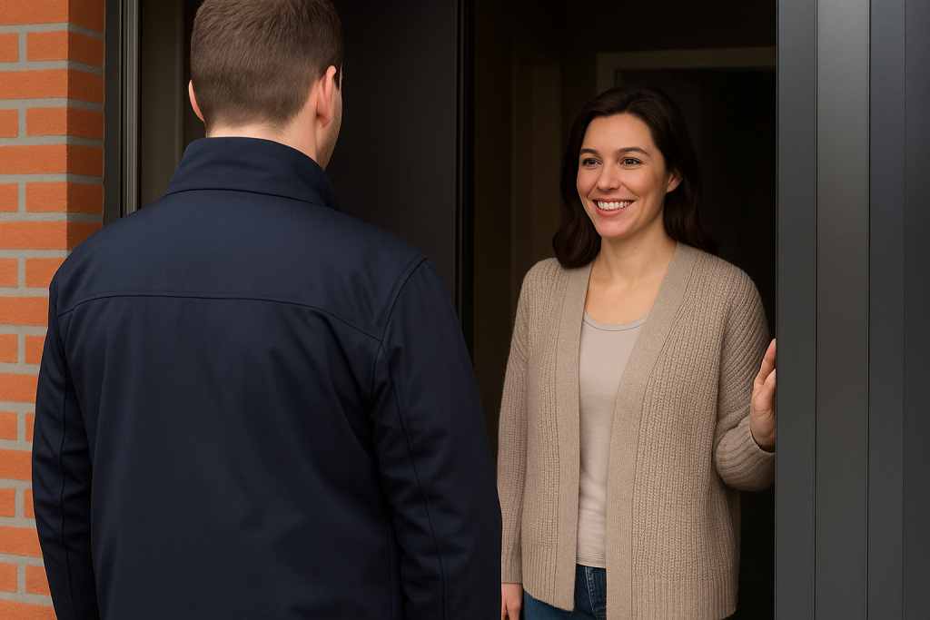 Een medewerker van Protego Inspecties die voor de deur staat bij een klant voor een warmtescan van haar woning.